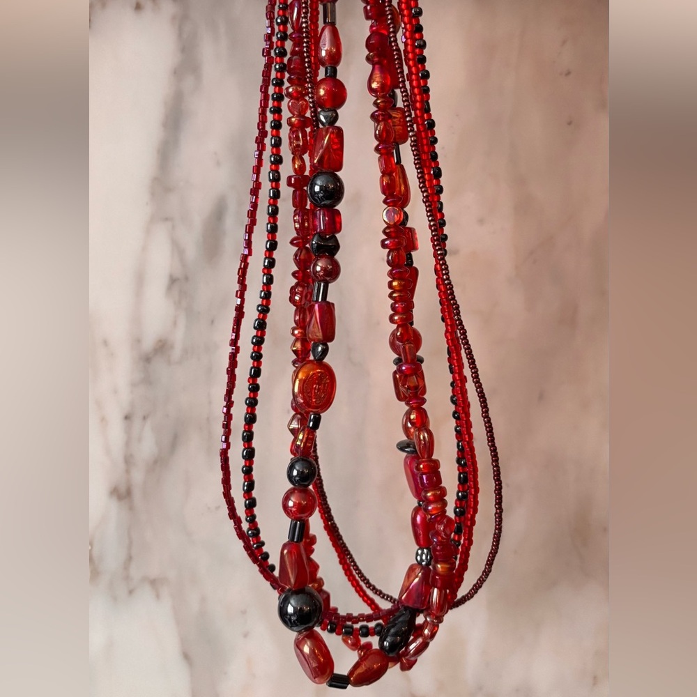 Red Beaded Multi-Strand Necklace - Women Jewelry